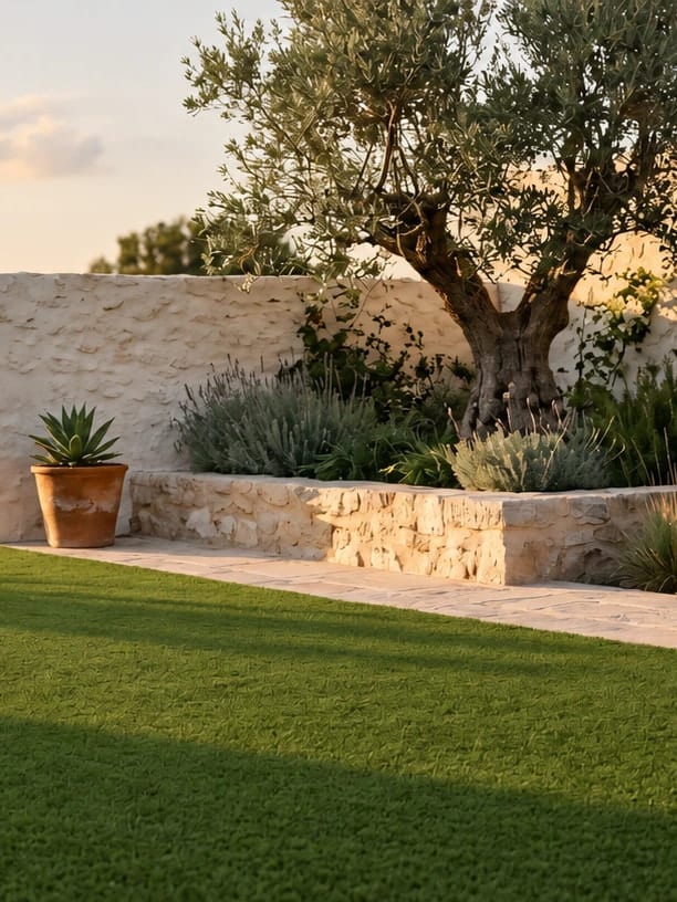 Jardín mediterráneo al atardecer con césped artificial, muro de piedra encalado y un olivo