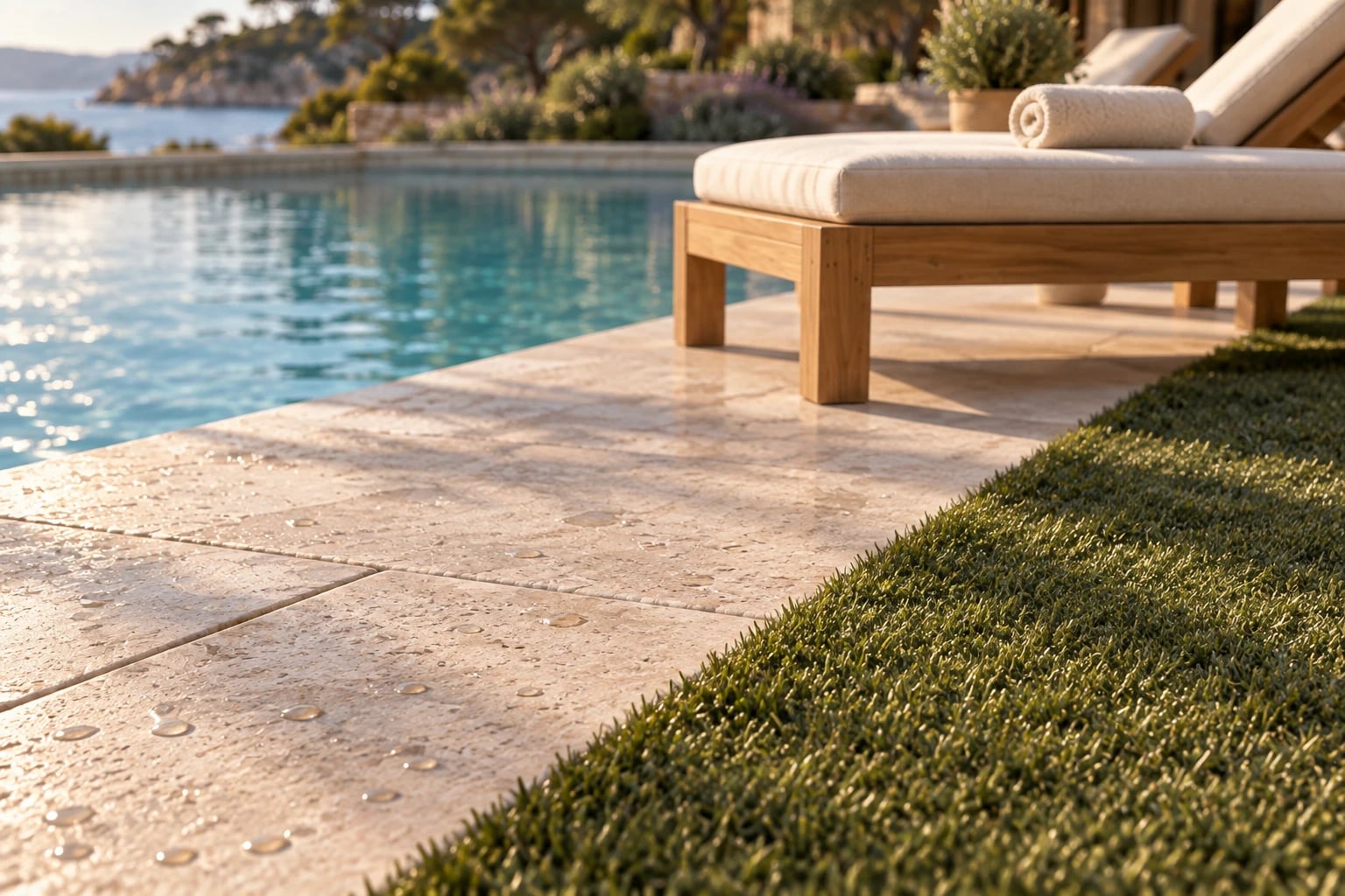 Detalle del encuentro entre el pavimento de travertino mojado del borde de una piscina de hotel y el césped artificial, con una tumbona de madera, una toalla enrollada y la costa al fondo