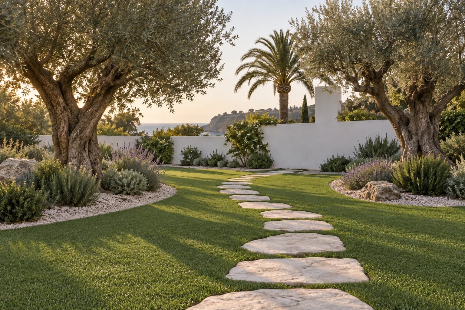 Jardín de hotel mediterráneo al atardecer: dos olivos centenarios, parterres de lavanda y romero sobre grava clara y un camino de losas de piedra irregulares que cruza una superficie de césped artificial