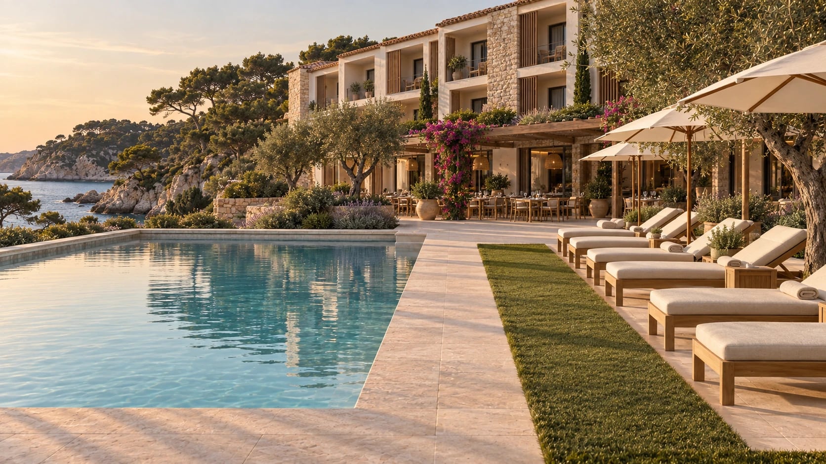 Piscina de un hotel mediterráneo al atardecer: una franja de césped artificial separa el pavimento de piedra clara de una hilera de tumbonas de madera con sombrillas, bajo olivos y frente a la fachada de piedra del edificio