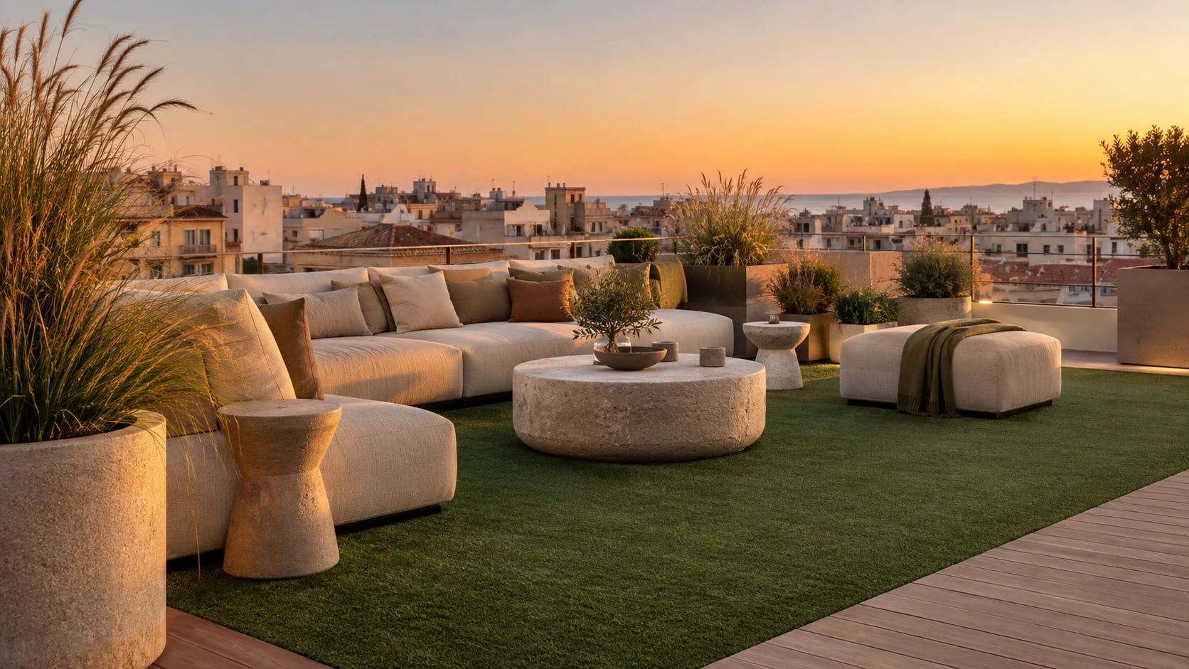 Terraza superior de un hotel urbano al atardecer: sofás modulares, mesa baja de piedra y maceteros con gramíneas sobre una superficie de césped artificial delimitada por tarima de madera, con los tejados de la ciudad al fondo