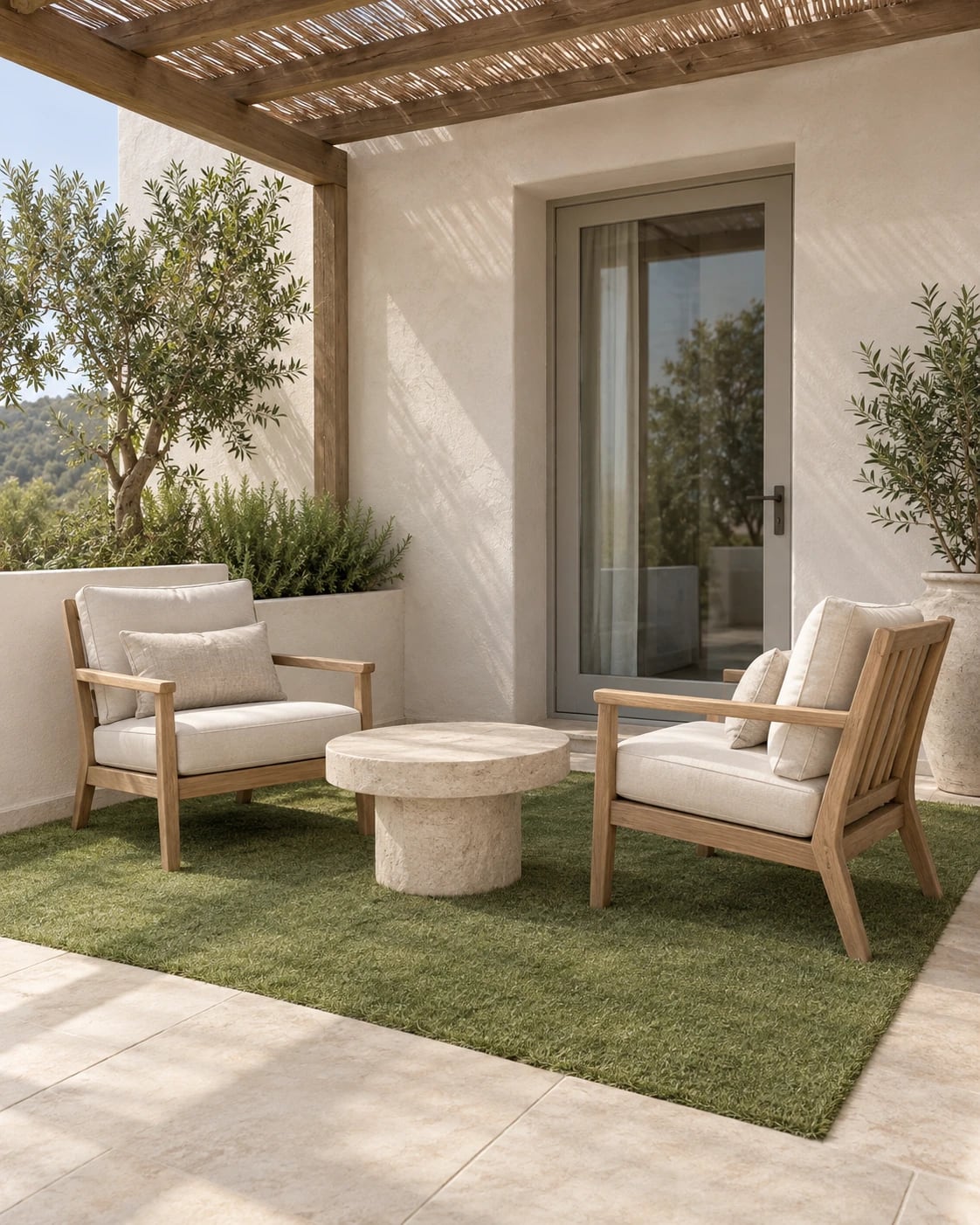 Terraza privada de una suite de hotel bajo una pérgola de cañizo: dos butacas de teca y una mesa baja de piedra sobre una pieza de césped artificial recortada dentro del pavimento de piedra clara