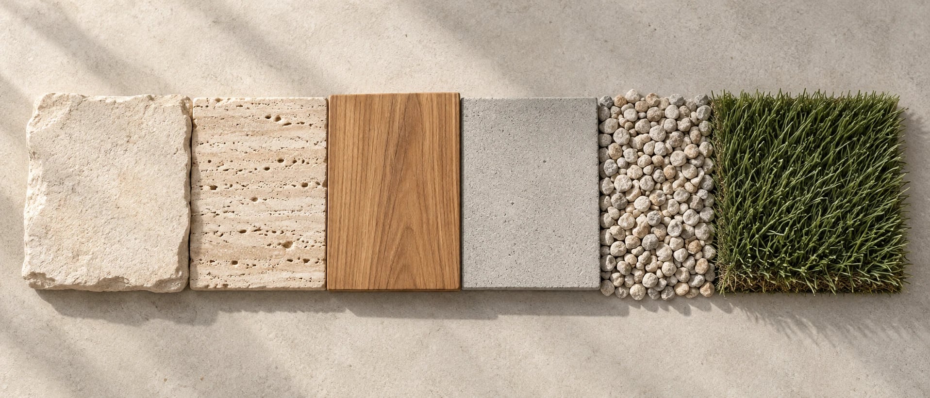 Bodegón cenital de seis materiales de exterior alineados y tocándose entre sí: piedra caliza, travertino, madera de teca, hormigón claro, grava y una pieza de césped artificial