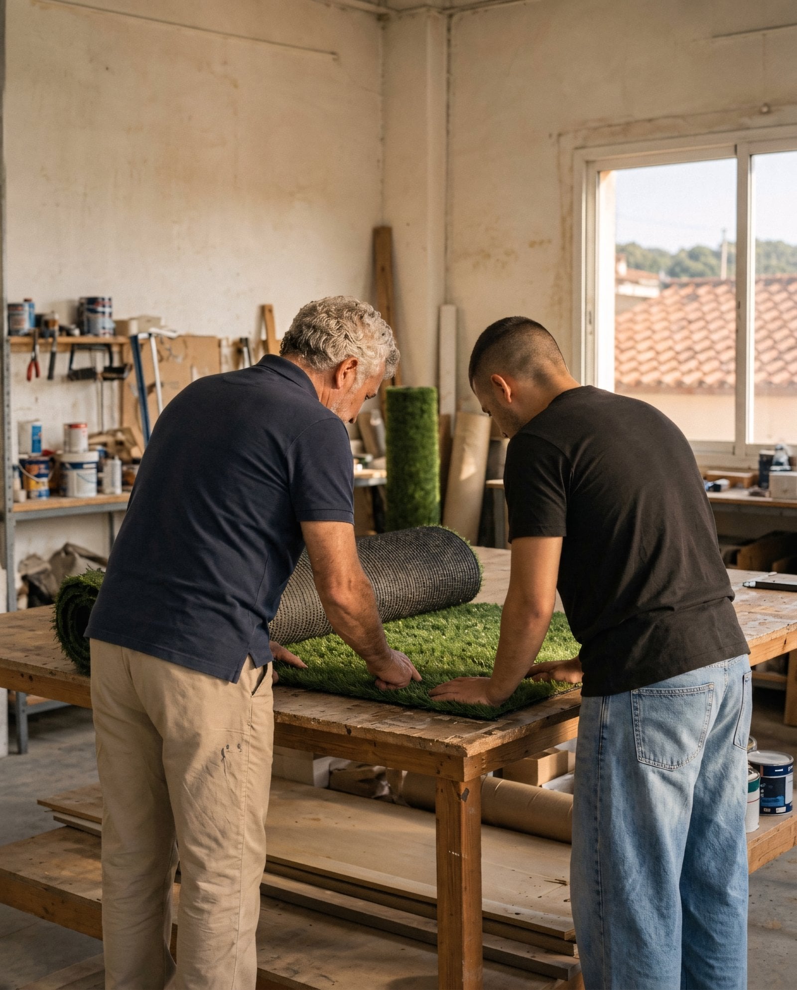 Dos personas, de espaldas, examinando juntas un rollo de césped artificial desplegado sobre una mesa de trabajo en un taller