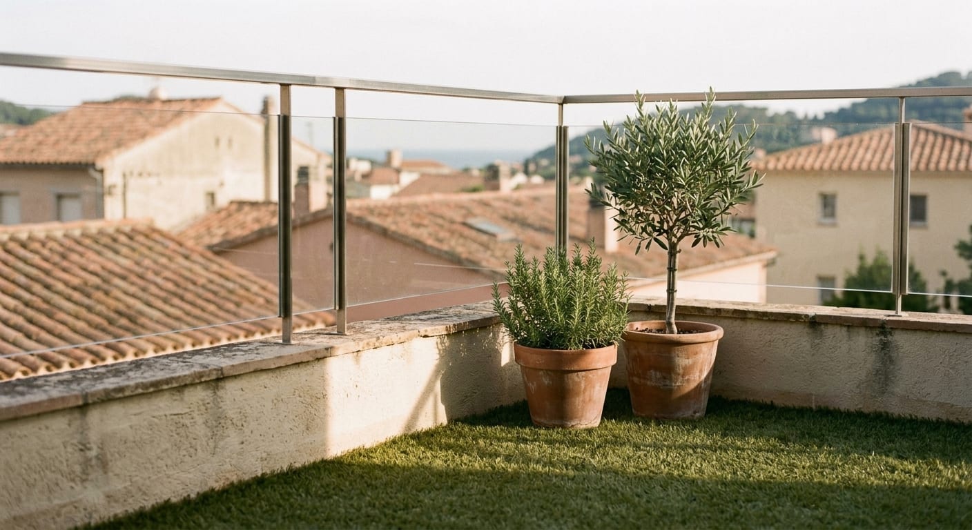 Terrassa urbana amb gespa artificial i barana de vidre, amb dos testos de terrissa i les teulades del poble al fons