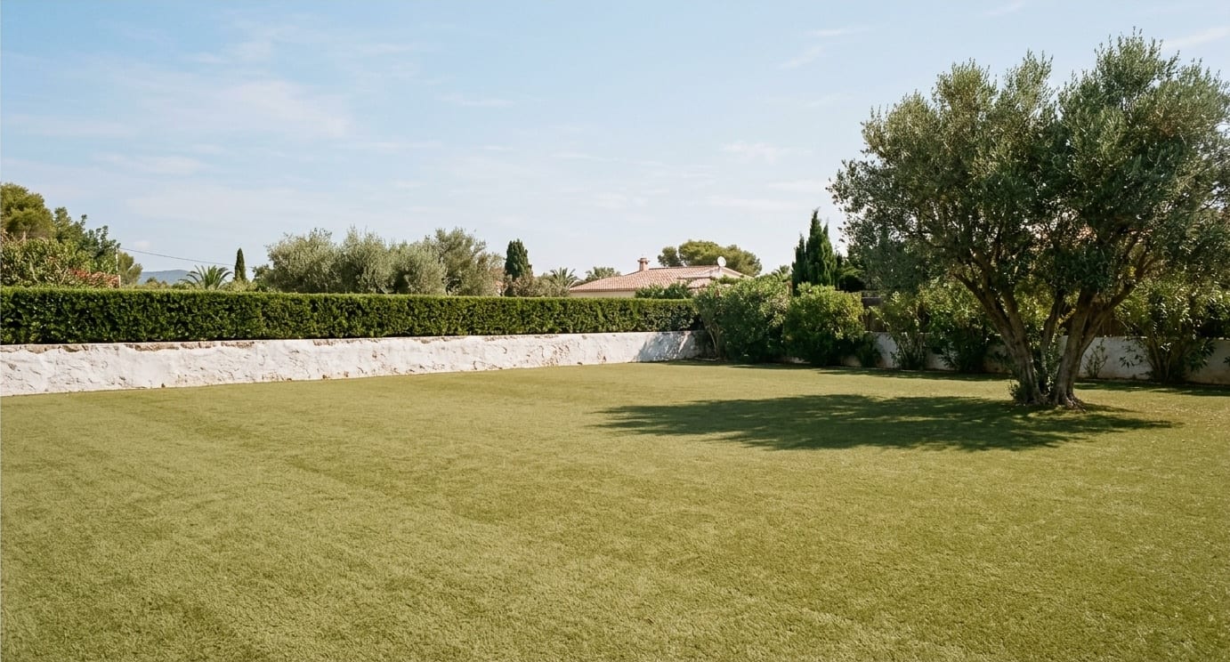 Jardí amb gespa artificial al costat d'una olivera i un mur baix emblanquinat, amb una tanca vegetal retallada al fons i el cel serè