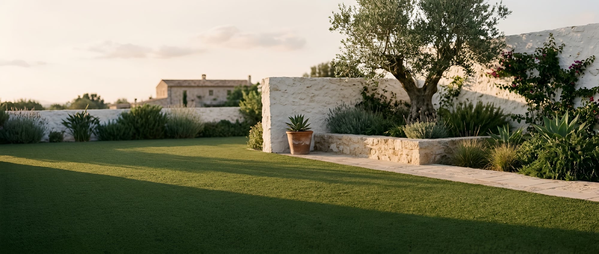 Jardim mediterrânico ao entardecer com relva artificial, muro de pedra caiado e uma oliveira