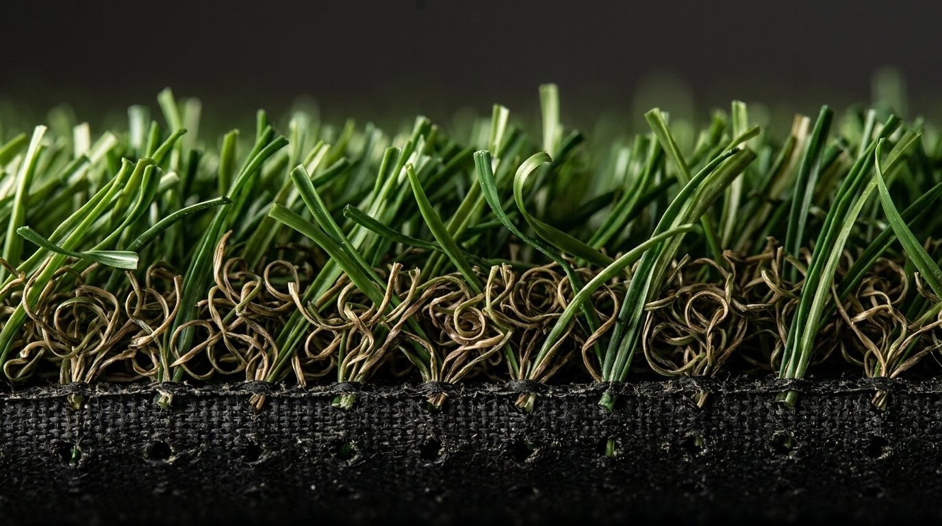 Macrofotografia del perfil d'una gespa artificial: fibres verdes llargues, rull marró del thatch a la base i trama de la base tèxtil amb perforacions de drenatge