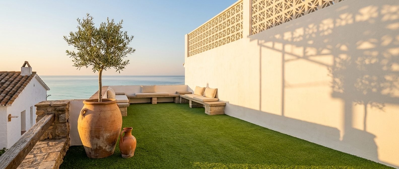 Terrassa mediterrània amb gespa artificial al capvespre, amb un mur emblanquinat, gelosia de terracota, una olivera en una gerra i el mar al fons