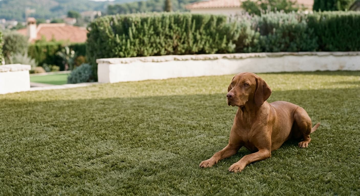 Perro descansando sobre césped artificial