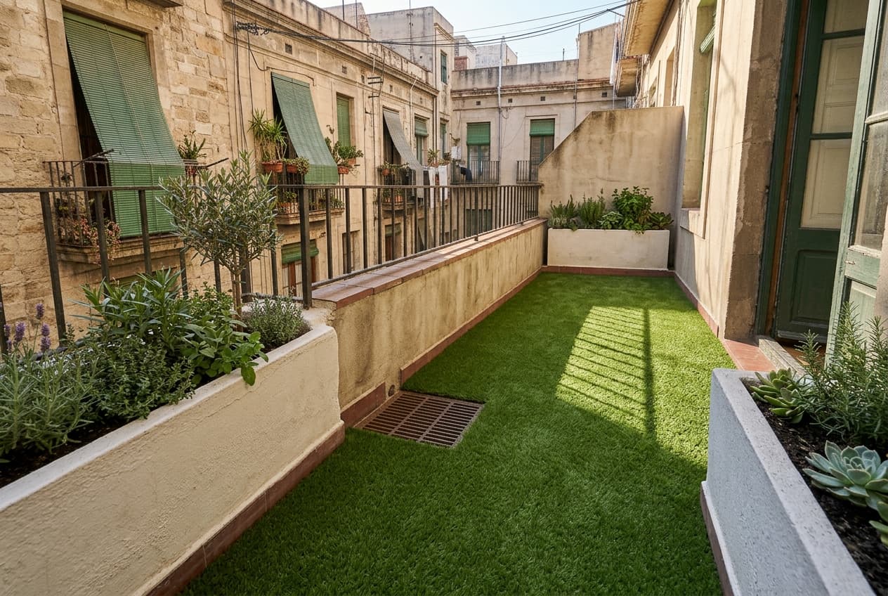 Los 11 m² de césped artificial de 22 mm terminados a tope contra las jardineras, con la corredera abriendo libre