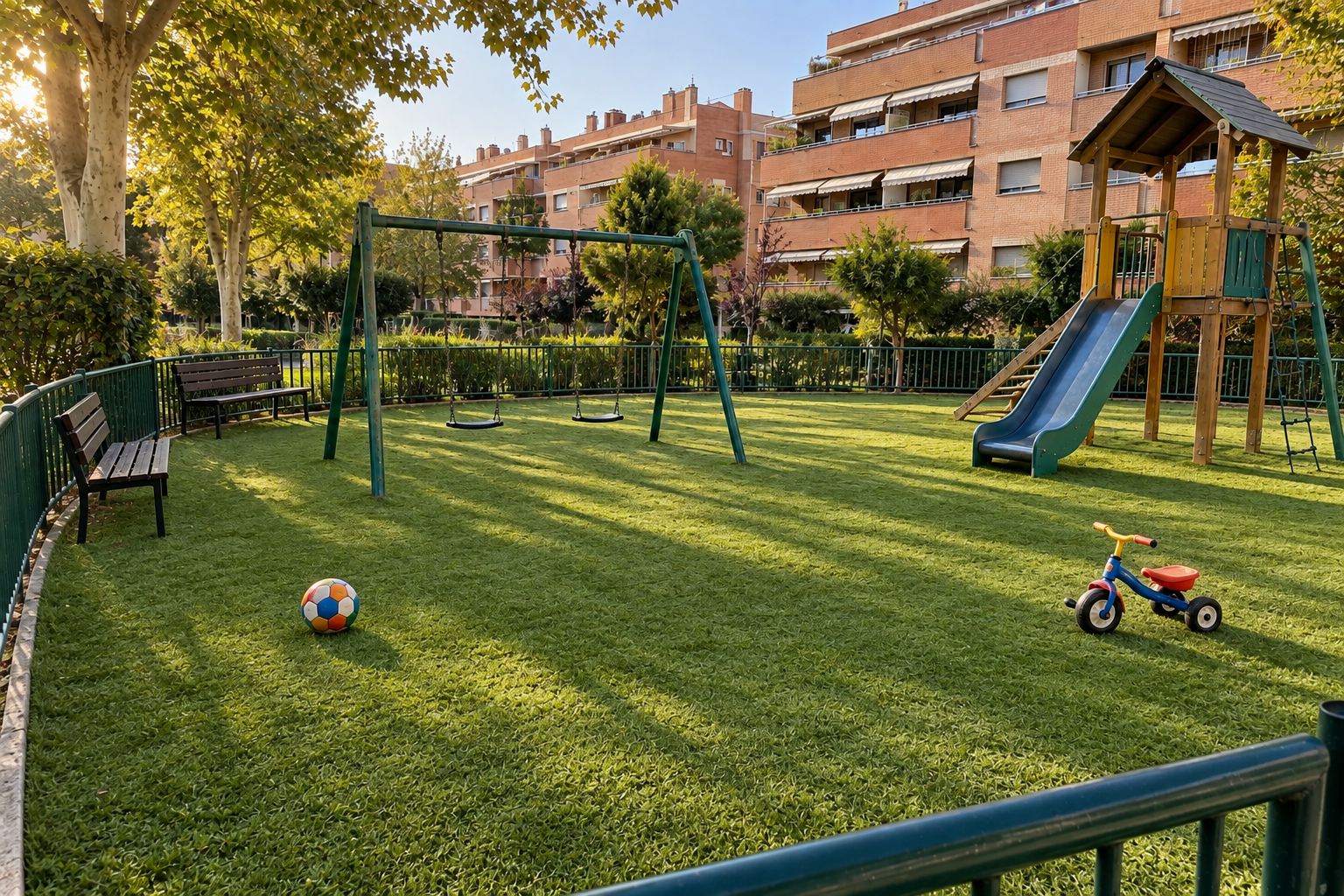 Los 120 m² de césped artificial de 35 mm terminados en la zona infantil, con el columpio y el multijuego sobre la amortiguación